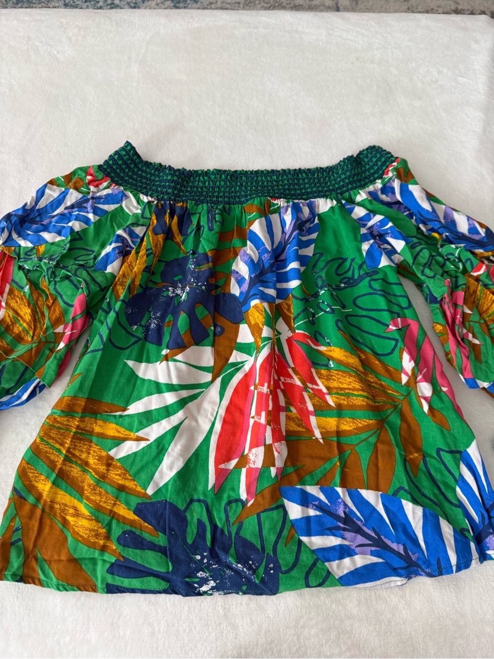 Jealous Tomato Tropical Print Off Shoulder Blouse Green Blue Medium D99